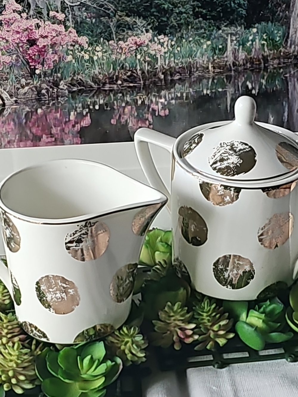 Grace White Ceramic Sugar and Creamer Set with Gold Polka Dots